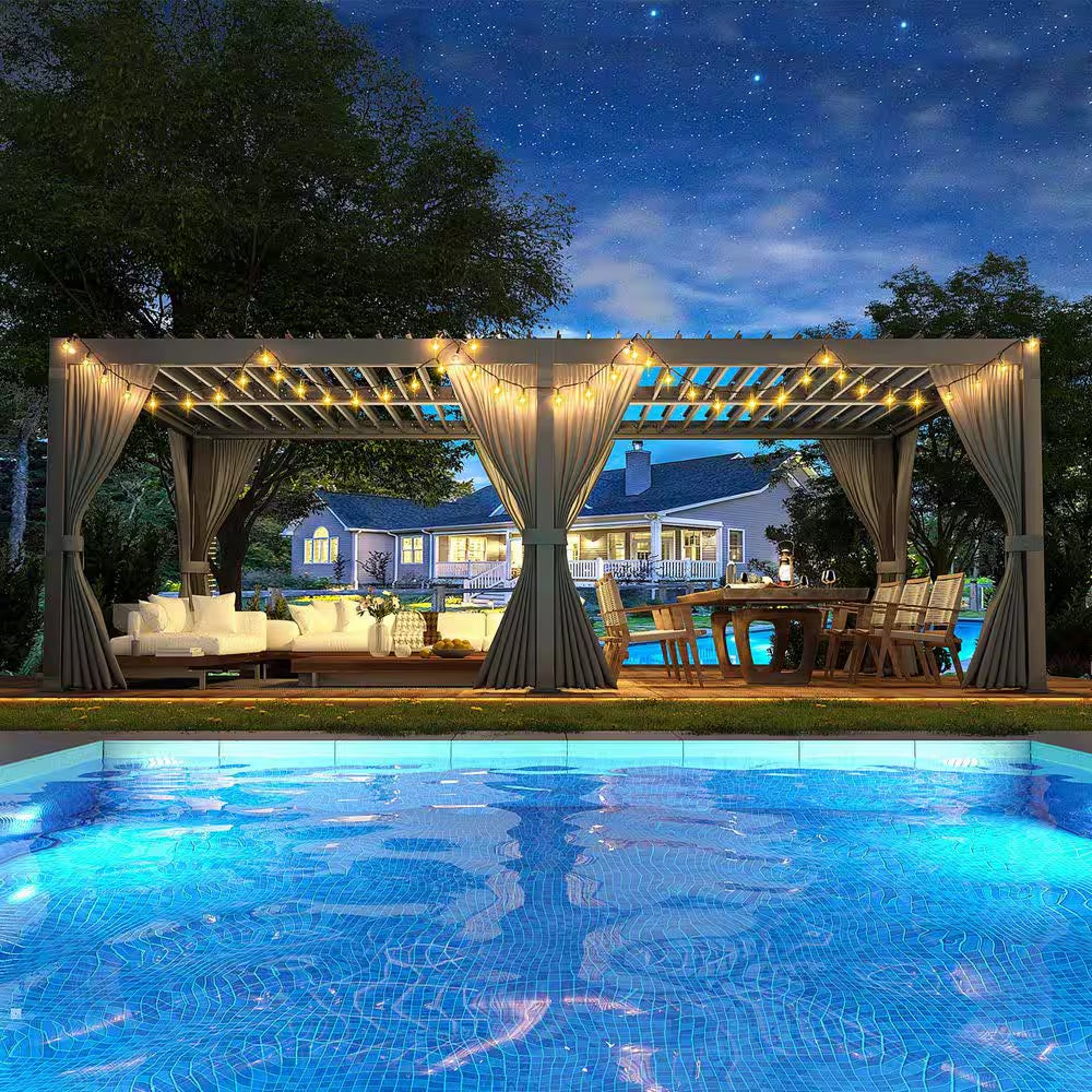 20 Ft. W X 10 Ft. D Aluminum Pergola with Adjustable Louvered Roof, Waterproof Curtains and Nets