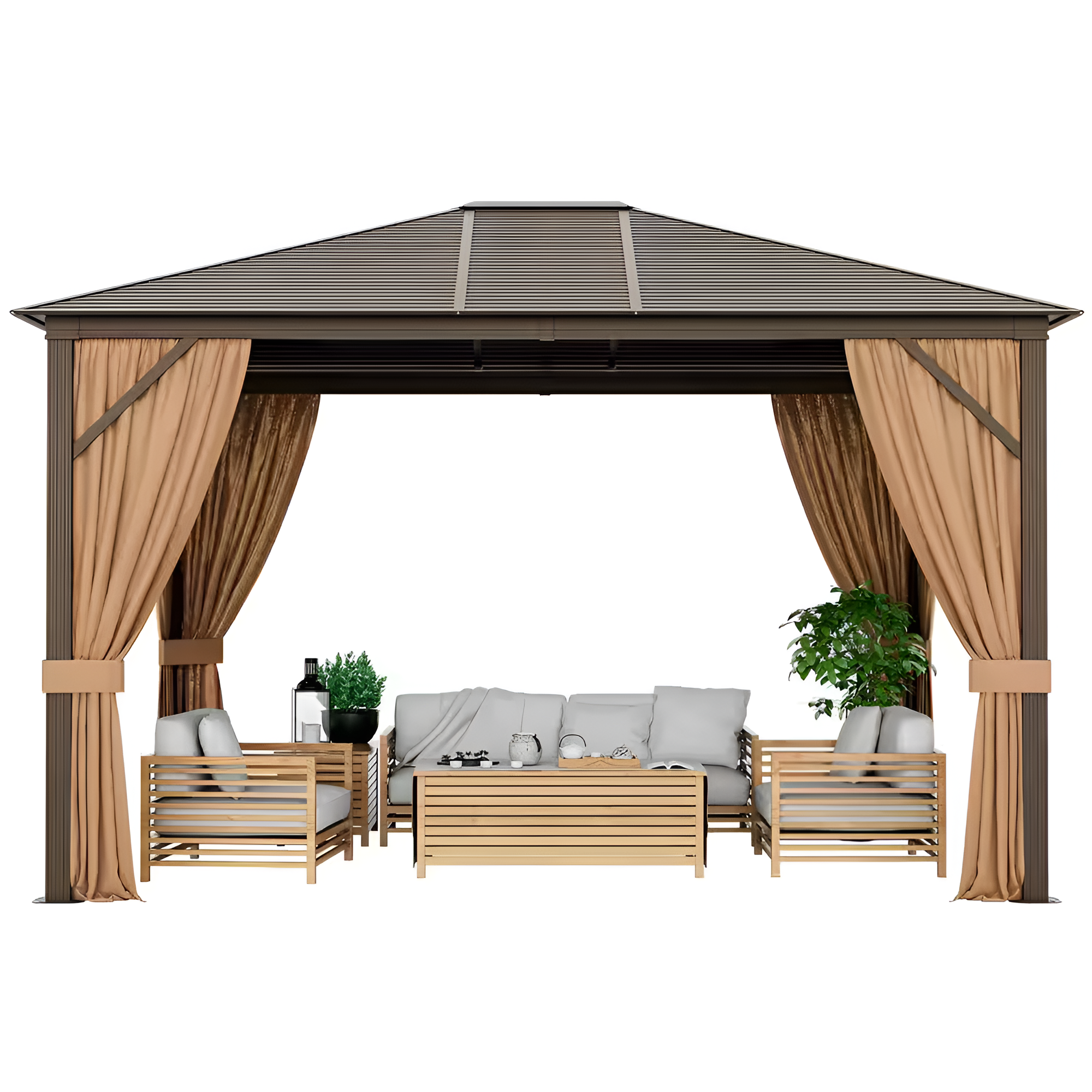12 Ft. X 10 Ft. Brown Patio Hardtop Gazebo with Galvanized Steel Top Aluminum Frame Outdoor