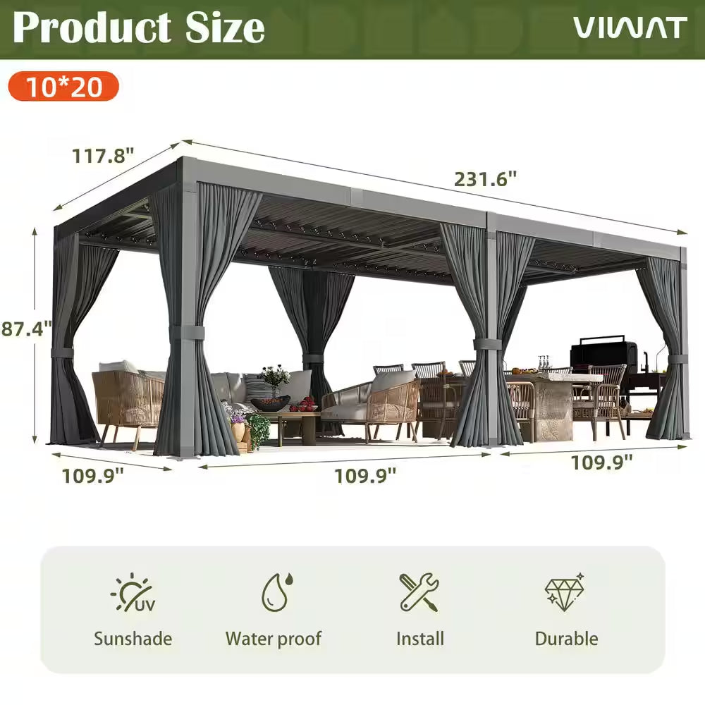 20 Ft. W X 10 Ft. D Aluminum Pergola with Adjustable Louvered Roof, Waterproof Curtains and Nets