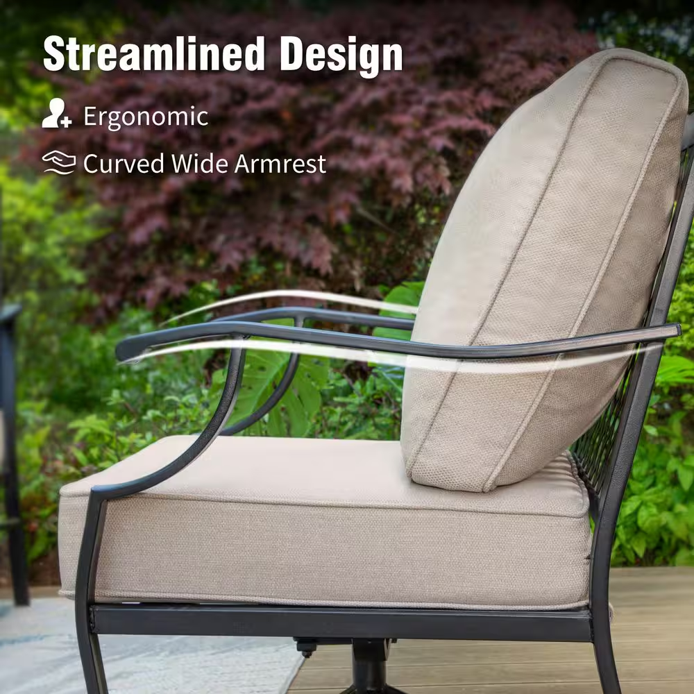 Black Metal Meshed 7 Seat 6-Piece Steel Outdoor Fire Pit Patio Set with Beige Cushions, Black Rectangular Fire Pit Table