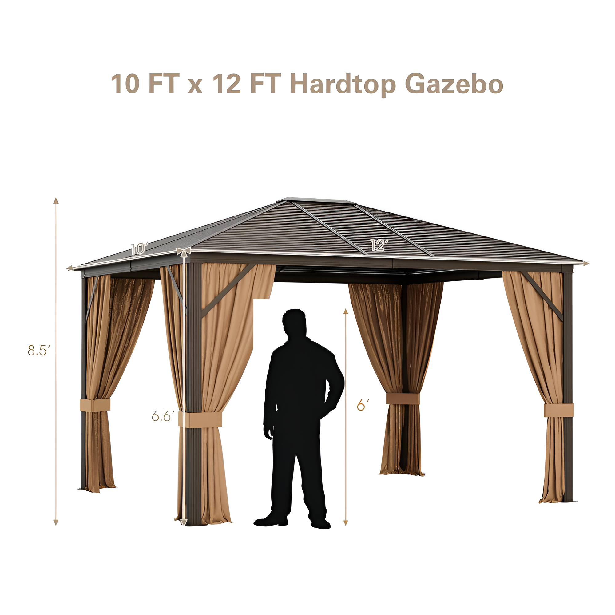 12 Ft. X 10 Ft. Brown Patio Hardtop Gazebo with Galvanized Steel Top Aluminum Frame Outdoor