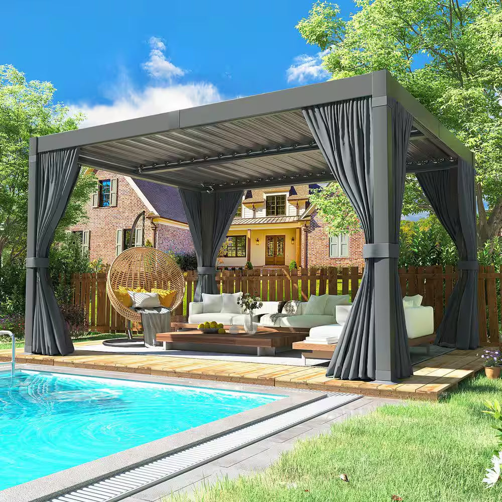 12 Ft. W X 10 Ft. D Aluminum Pergola with Adjustable Louvered Roof, Waterproof Curtains and Nets