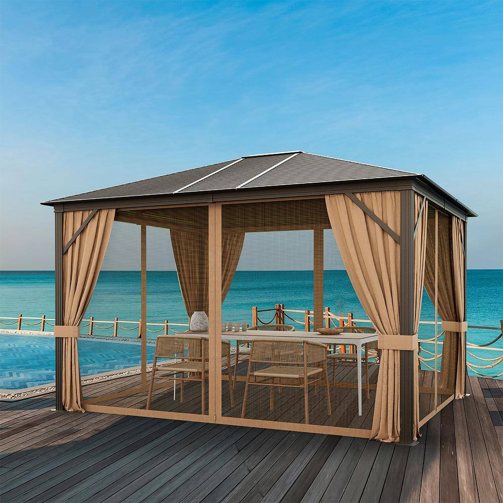 12 Ft. X 10 Ft. Brown Patio Hardtop Gazebo with Galvanized Steel Top Aluminum Frame Outdoor