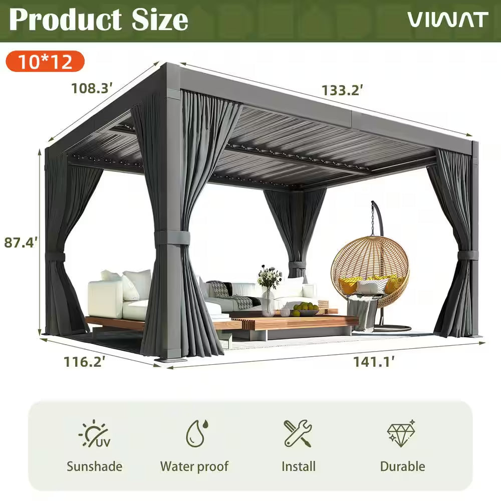 12 Ft. W X 10 Ft. D Aluminum Pergola with Adjustable Louvered Roof, Waterproof Curtains and Nets