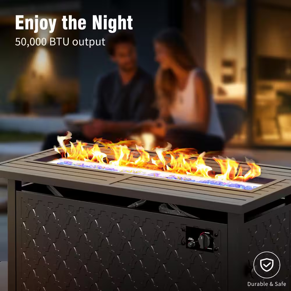 Black Metal Meshed 7 Seat 6-Piece Steel Outdoor Fire Pit Patio Set with Beige Cushions, Black Rectangular Fire Pit Table