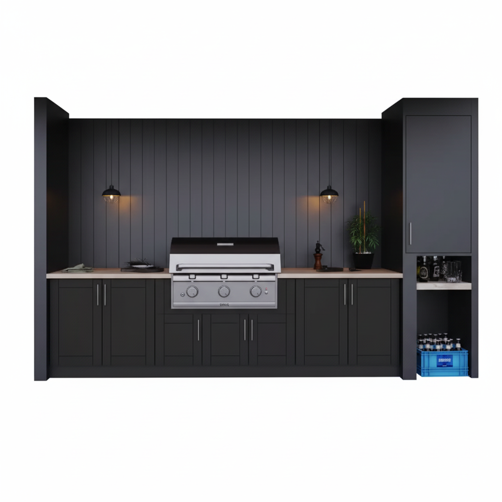 Miami Pitch Black 17-Piece 121.25 In. X 34.5 In. X 28 In. Outdoor Kitchen Cabinet Island Set