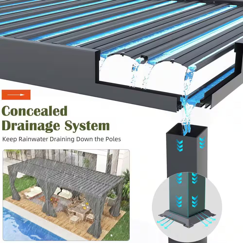 20 Ft. W X 10 Ft. D Aluminum Pergola with Adjustable Louvered Roof, Waterproof Curtains and Nets