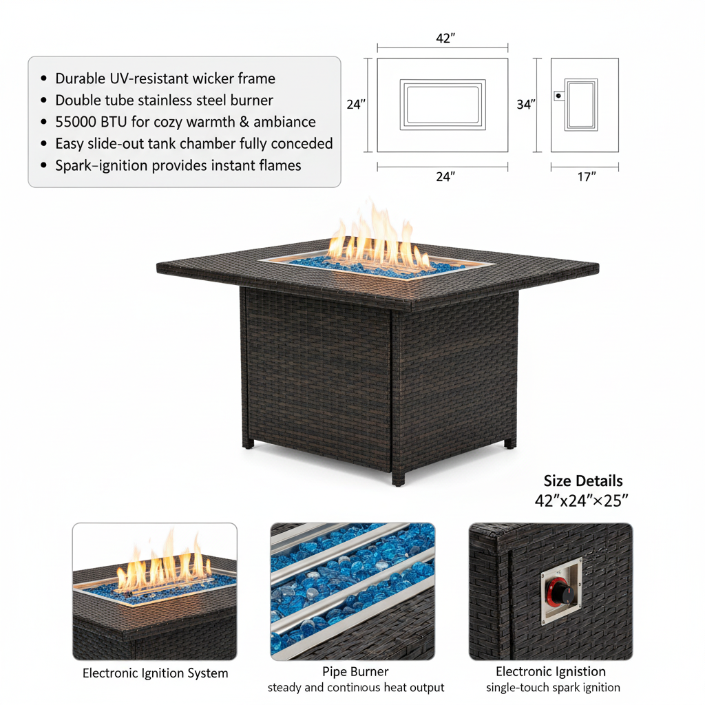 9 Piece Patio Furniture Set with Fire Pit Table, All Weather Outdoor Sectional PE Rattan, Patio Conversation Sets with Cushions and Glass Coffee Table for Garden Lawn Balcony, Grey