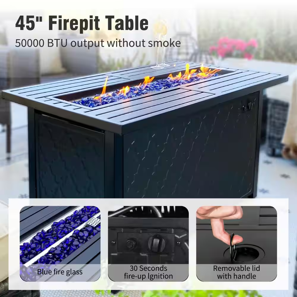 Black Metal Meshed 7 Seat 6-Piece Steel Outdoor Fire Pit Patio Set with Beige Cushions, Black Rectangular Fire Pit Table