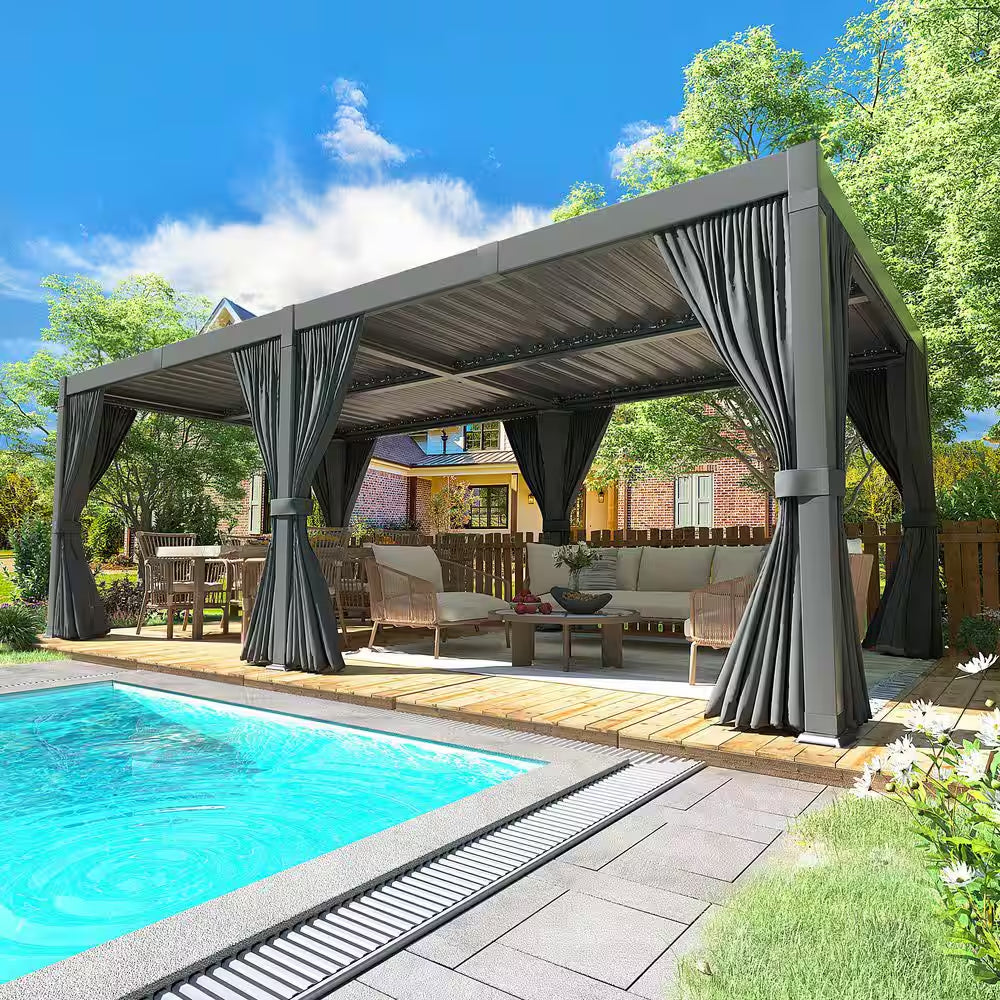 20 Ft. W X 10 Ft. D Aluminum Pergola with Adjustable Louvered Roof, Waterproof Curtains and Nets