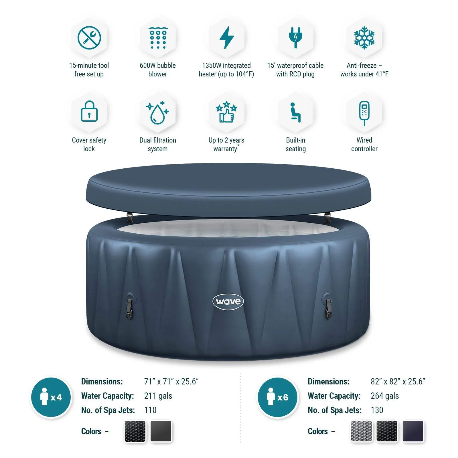 Atlantic 6 Person round Inflatable Hot Tub, Navy