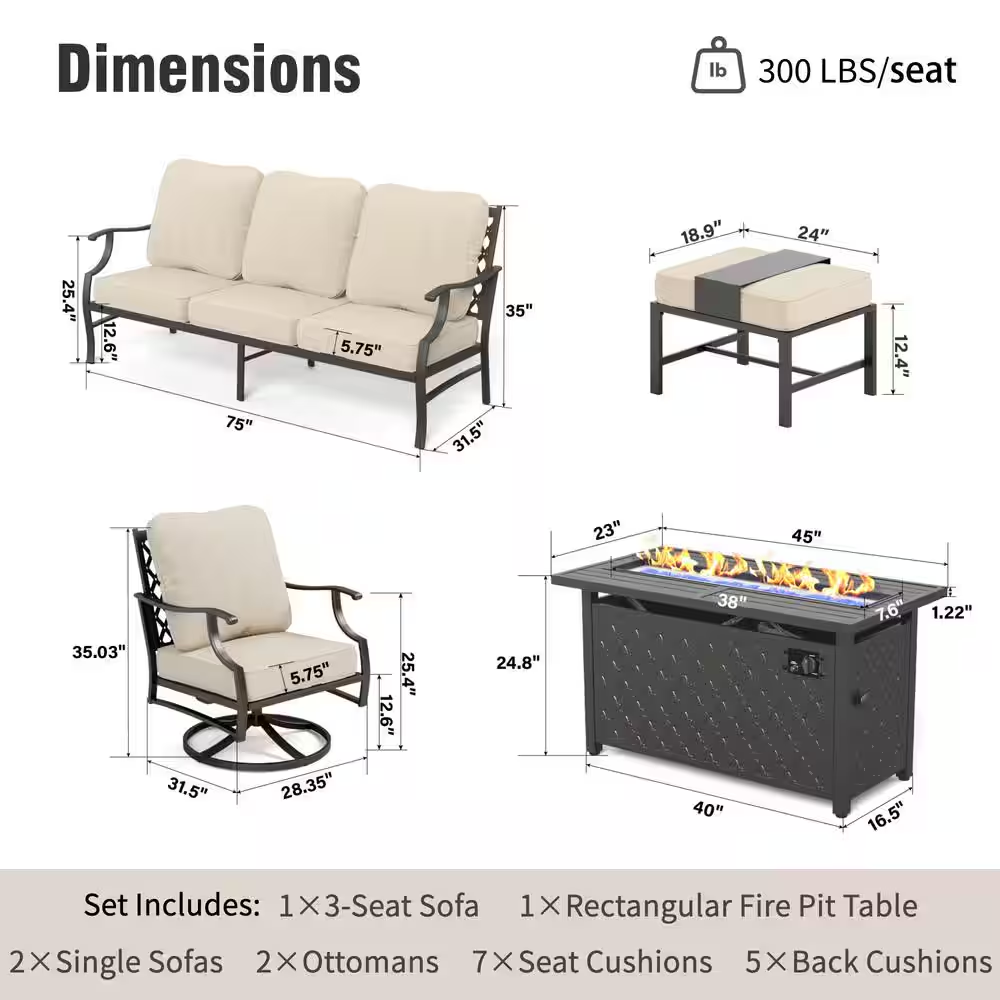 Black Metal Meshed 7 Seat 6-Piece Steel Outdoor Fire Pit Patio Set with Beige Cushions, Black Rectangular Fire Pit Table