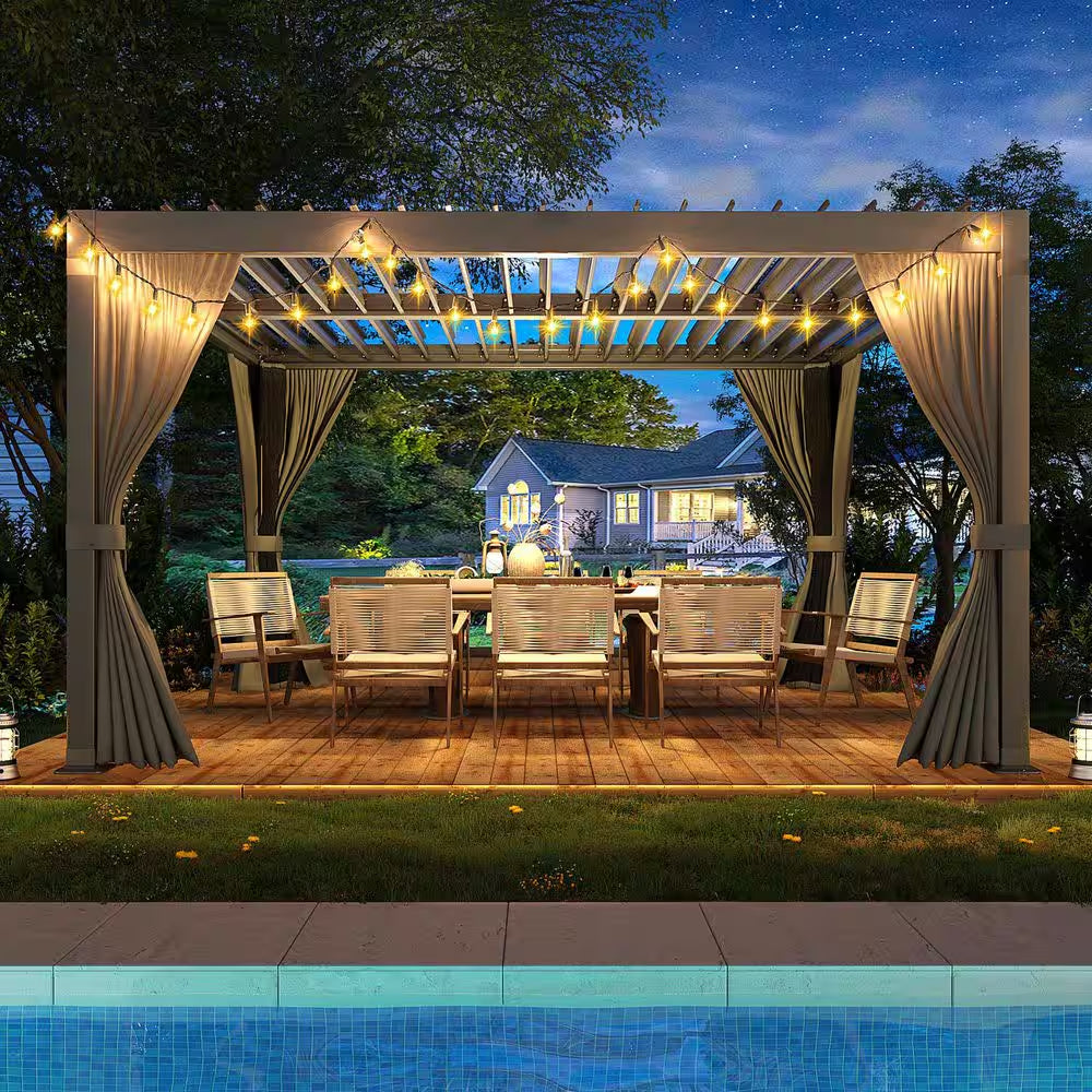 12 Ft. W X 10 Ft. D Aluminum Pergola with Adjustable Louvered Roof, Waterproof Curtains and Nets