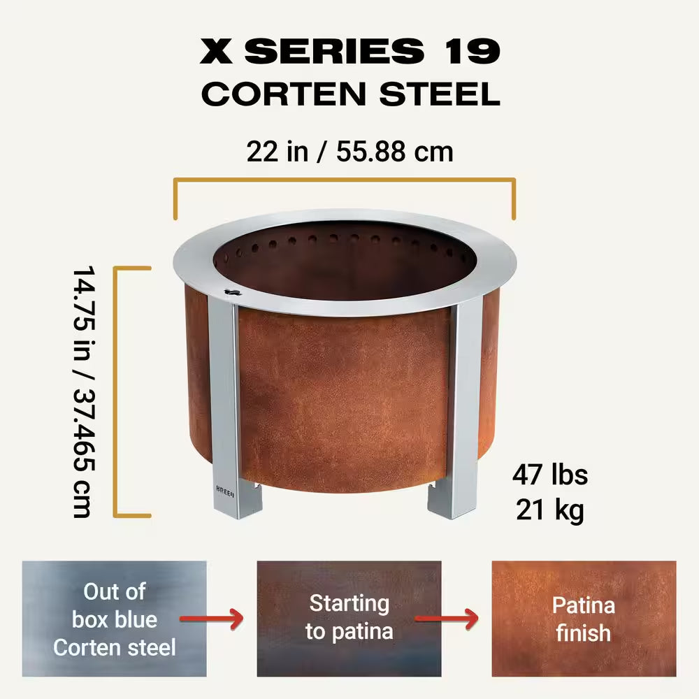X Series 19 Smokeless Fire Pit - Heavy-Gauge Stainless Steel Material - Compatible W/ Cooking and Grilling- Corten Steel