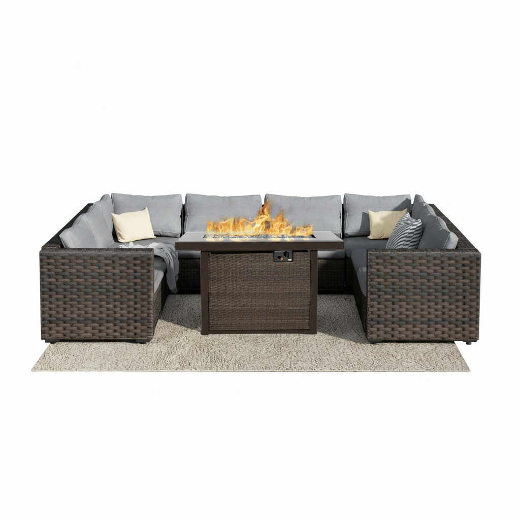 9 Piece Patio Furniture Set with Fire Pit Table, All Weather Outdoor Sectional PE Rattan, Patio Conversation Sets with Cushions and Glass Coffee Table for Garden Lawn Balcony, Grey