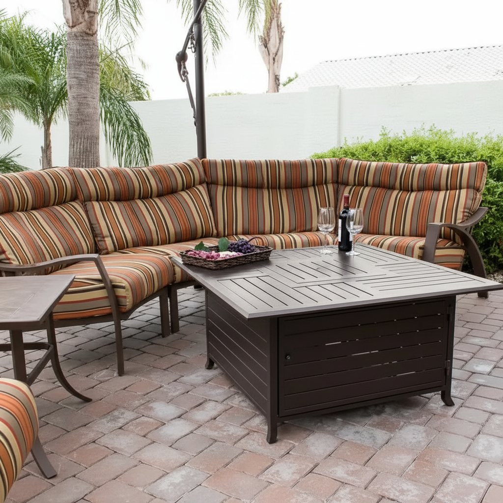 45 In. Square Slatted Aluminum Firepit in Bronze