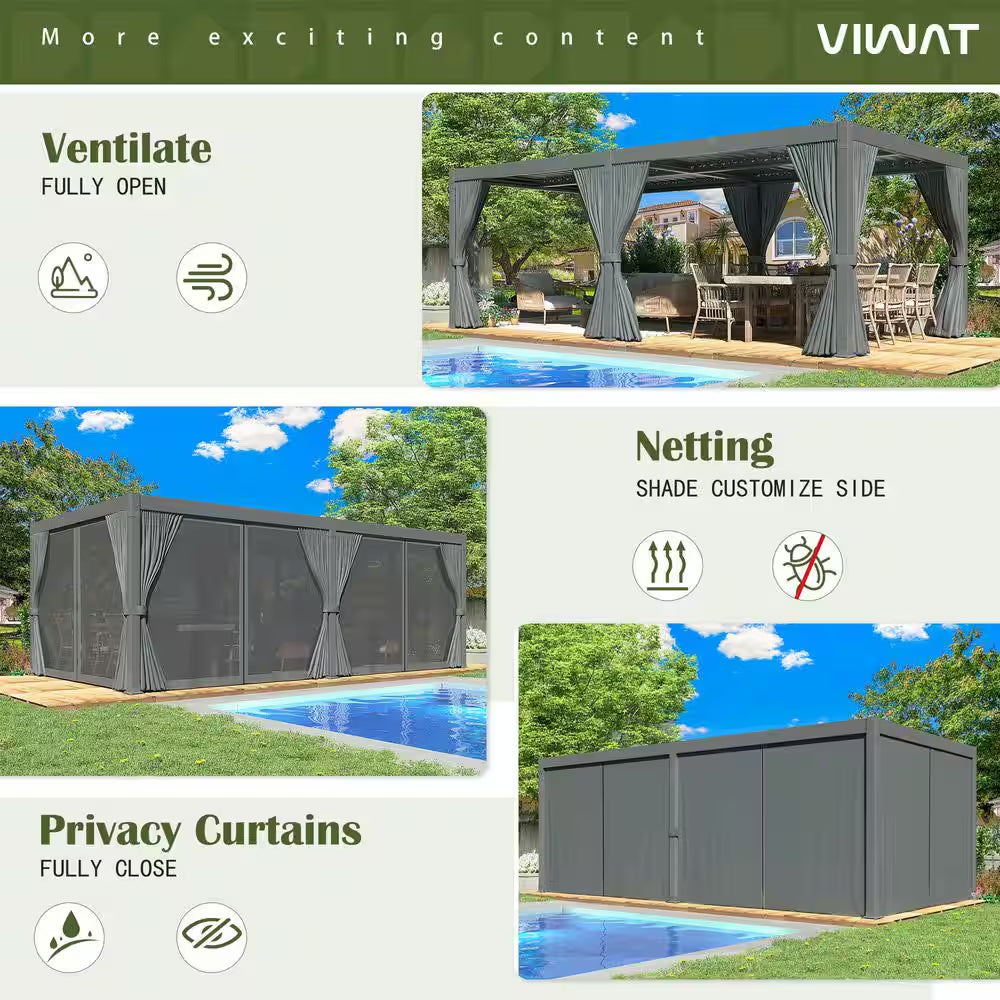 20 Ft. W X 10 Ft. D Aluminum Pergola with Adjustable Louvered Roof, Waterproof Curtains and Nets